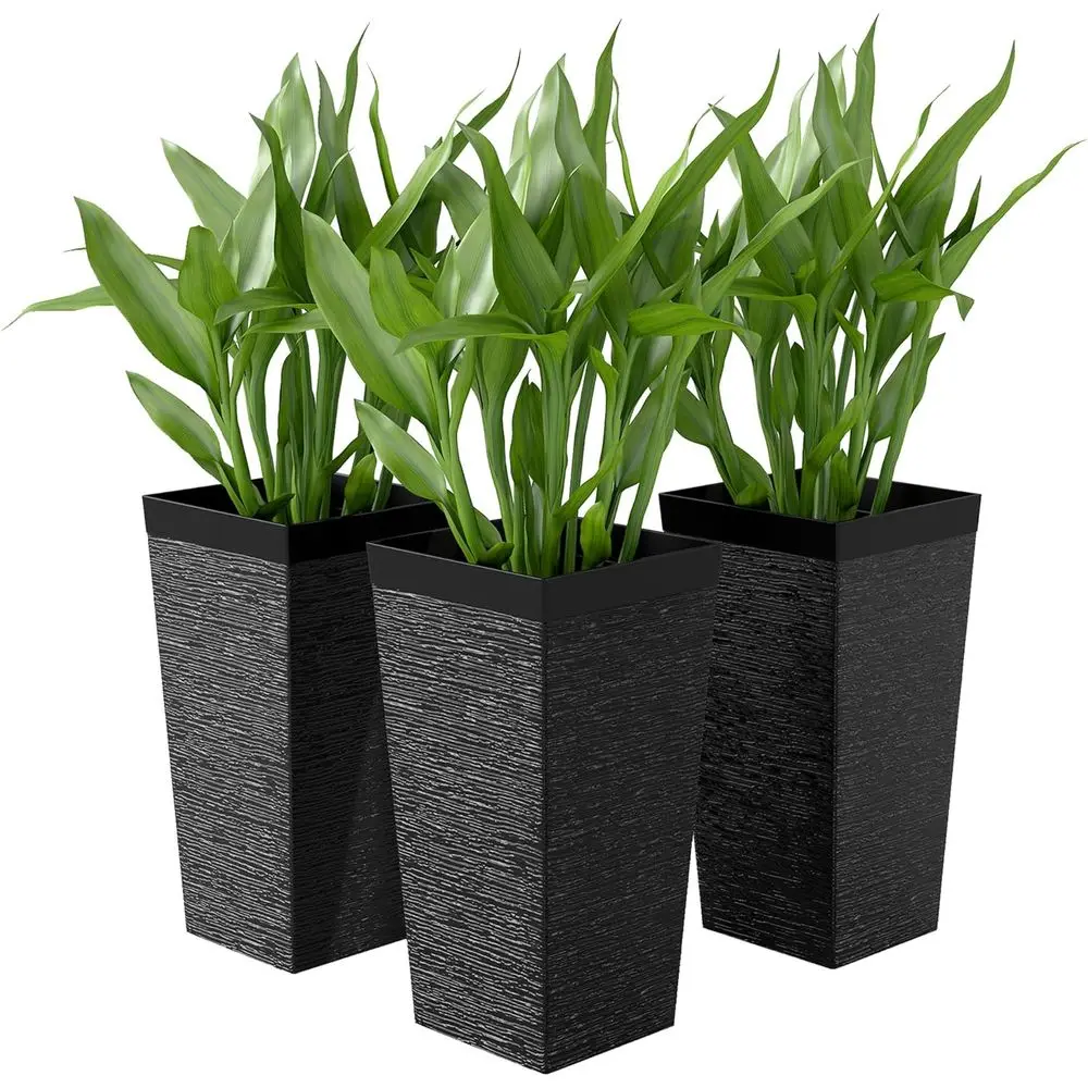

Set of 3 Stackable Plastic Planters with Stone Finish, Drainage Holes, and Wheels for Indoor or Outdoor Use