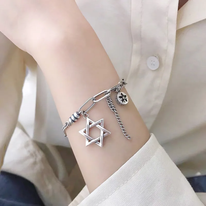 925 Sterling Silver Necklace Punk Star Black CZ Vintage Hexagram Geometric for Women Girl Jewelry Gift Dropshipping Wholesale
