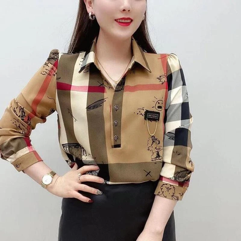 

Spring New Plaid Printing Shirt Tops Long Sleeve Polo-Neck All-match Button Blouse Vintage Fashion Women Clothing