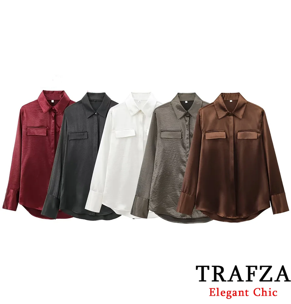 

TRAFZA Women Casual Satin Shirts Lapel Buttons Pockets Shirts New 2025 Fashion Spring Summer Commuter Simple Shirts