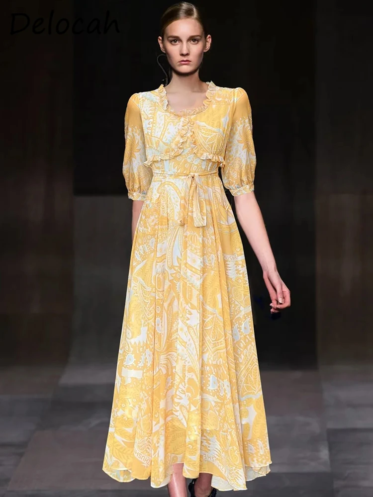 Delocah High Quality Summer Women Fashion Runway A-Line Dress Lantern Sleeve Ruffle Trim Hem Patchwork Yellow Print Long Dresses