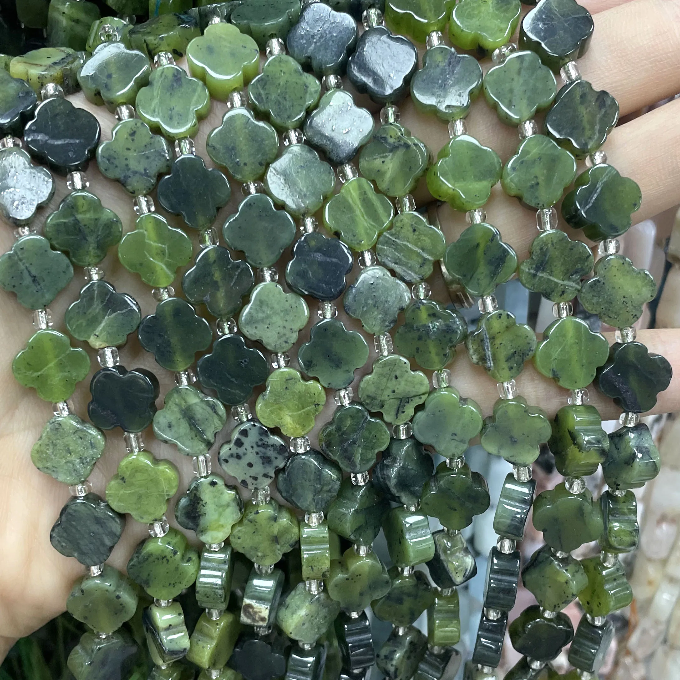 11MM Natural Stone Clover Shape Canadian Jade Loose Spacer Beads For Jewelry Making DIY Bracelet Earrings Necklace Accessories