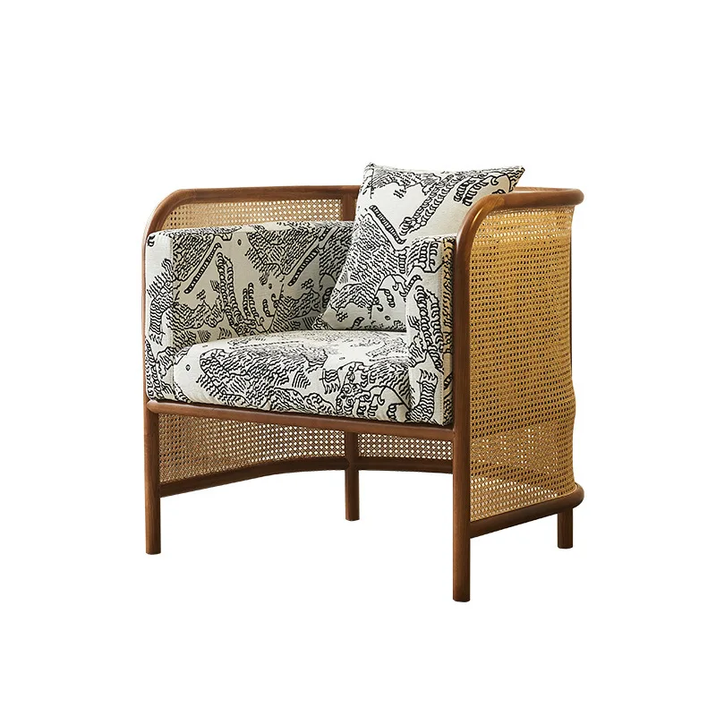 Solid wood sofa chair single leisure chair balcony living room home backrest armrest woven rattan art small apartment