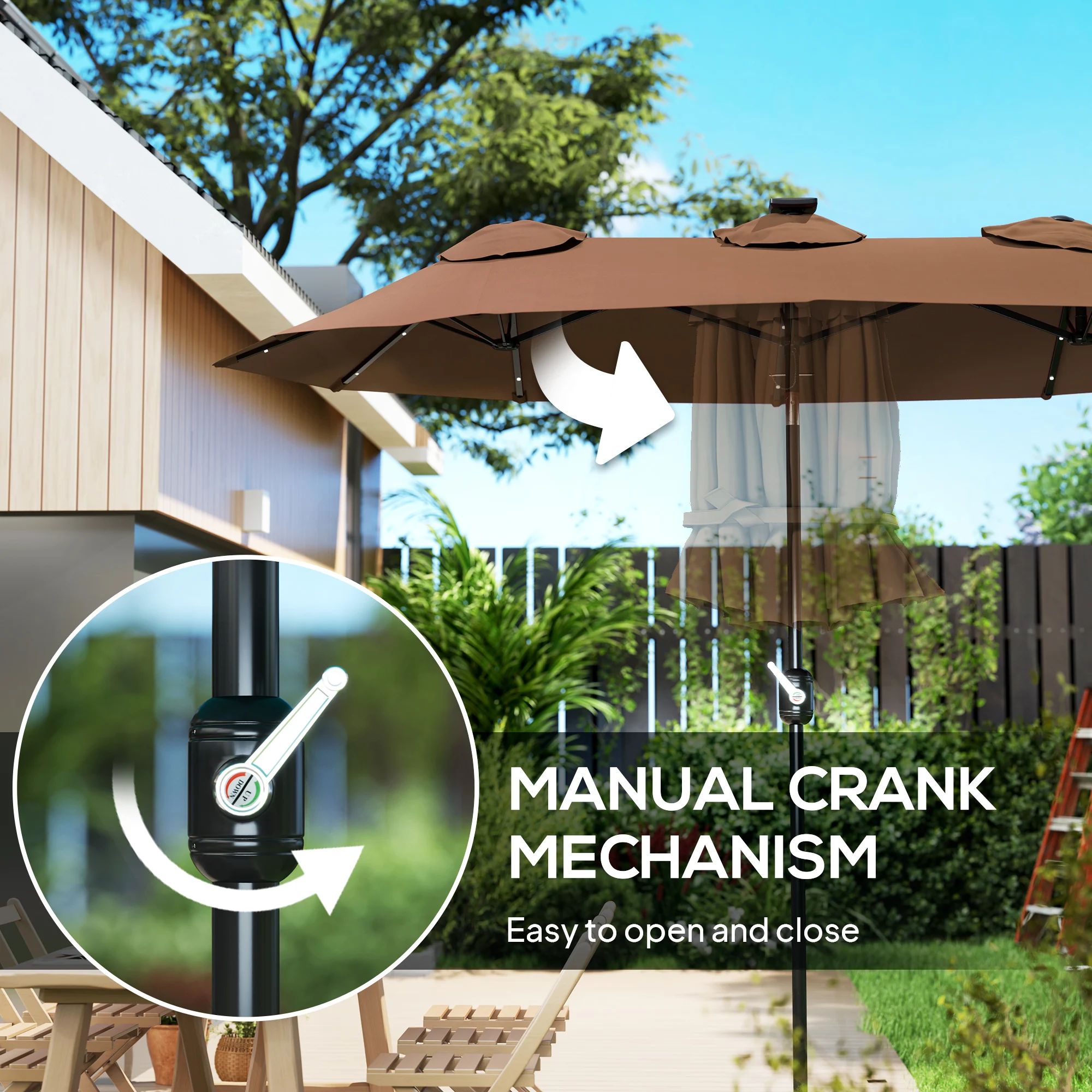 9.7' Double-sided Patio Umbrella with LED Solar Light, Tilt, Coffee image 6