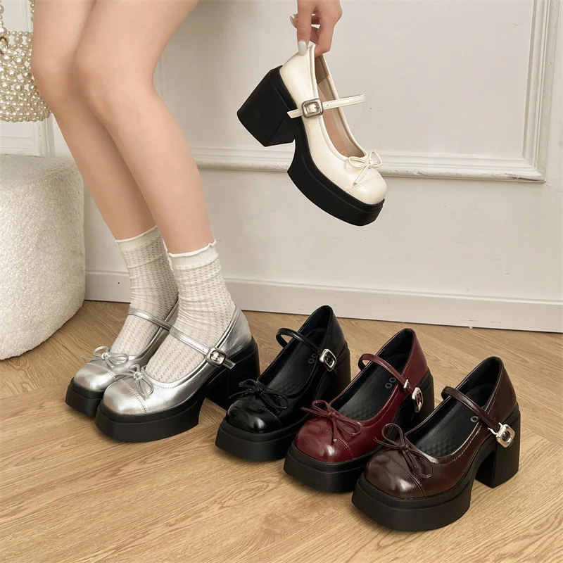 

Women Shoes Thick Heel Mary Jane Shoes Spring Butterfly Knot Outdoor High Heels Dress Leather Shoes Buckle Platform Single Shoe