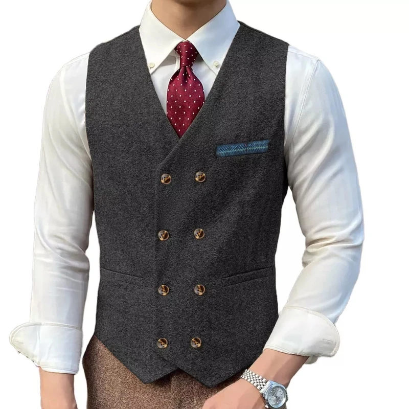 

Herringbone Men Vest Black Solid Double ButtonTweed Slim Casual Business Waistcoat Jacket For Wedding Party Banquet Prom Set