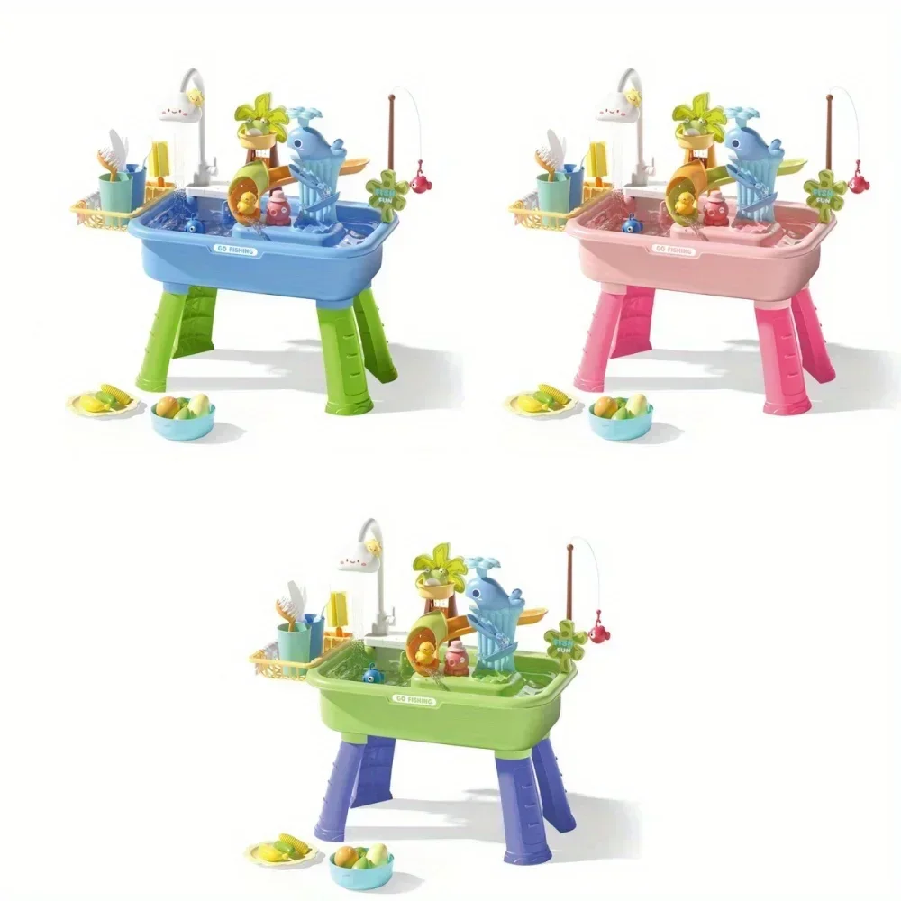 Kitchen Sets Water Table with Pump, Tableware & Fishing Game for Kids, Children's Play Sink with Running Water & Electric Faucet