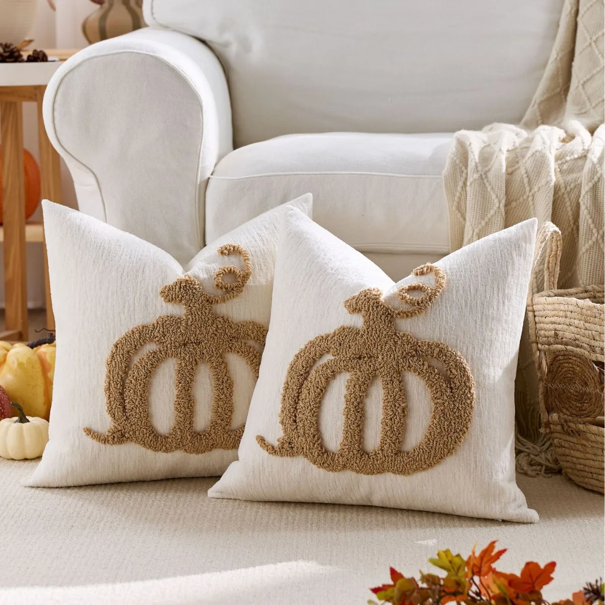 45x45cm Pumpkin Tufted Chenille Pillow Cover, Cozy Fall Harvest Decor Texture Cushion Cover Sofa Chair Beige Coffee Brunt Orange
