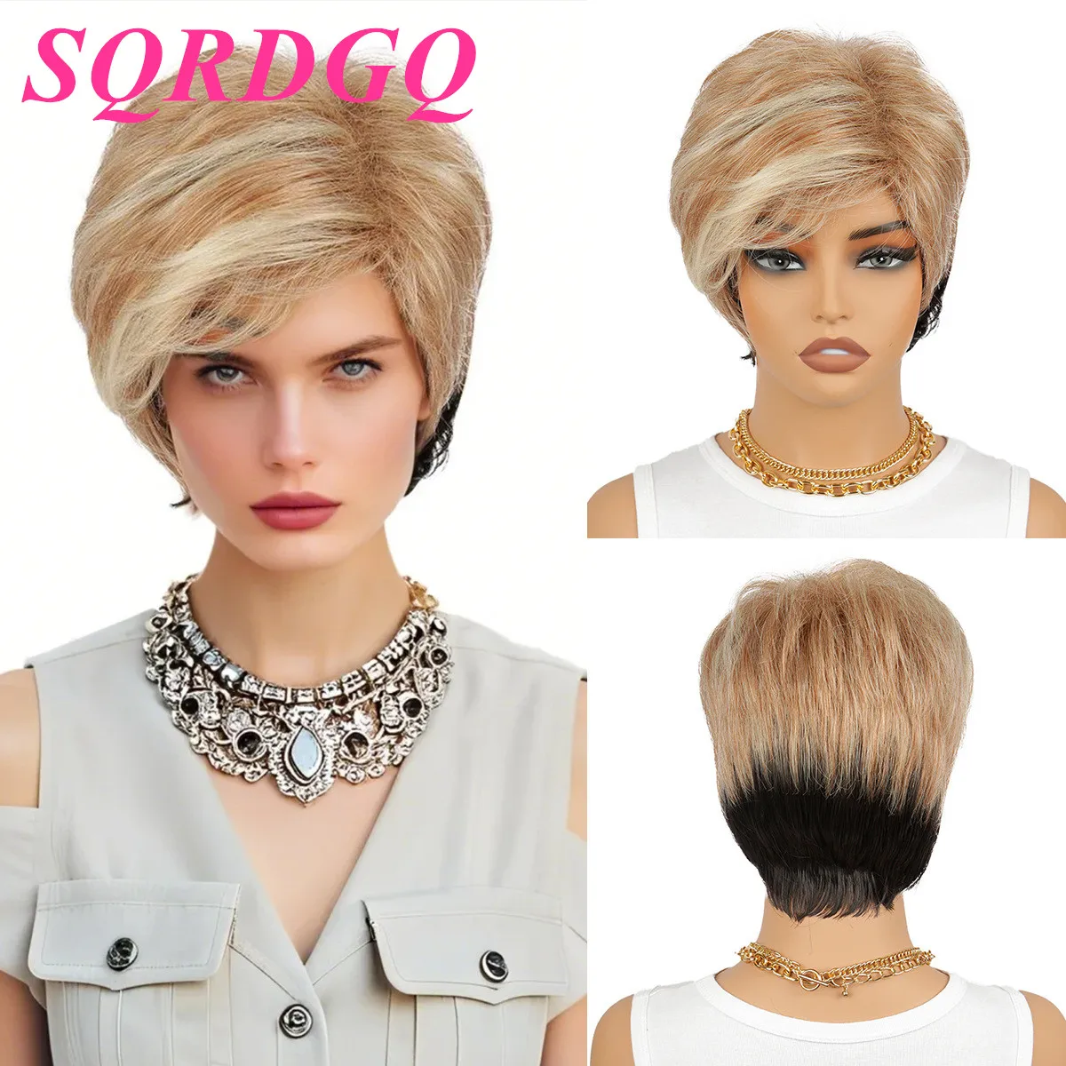 SQRDGQ Natural Wavy Hair Synthetic Wigs for Woman Pixie Cut Short Wig with Bangs Daily Party Woman Wigs Heat Resistant Hair