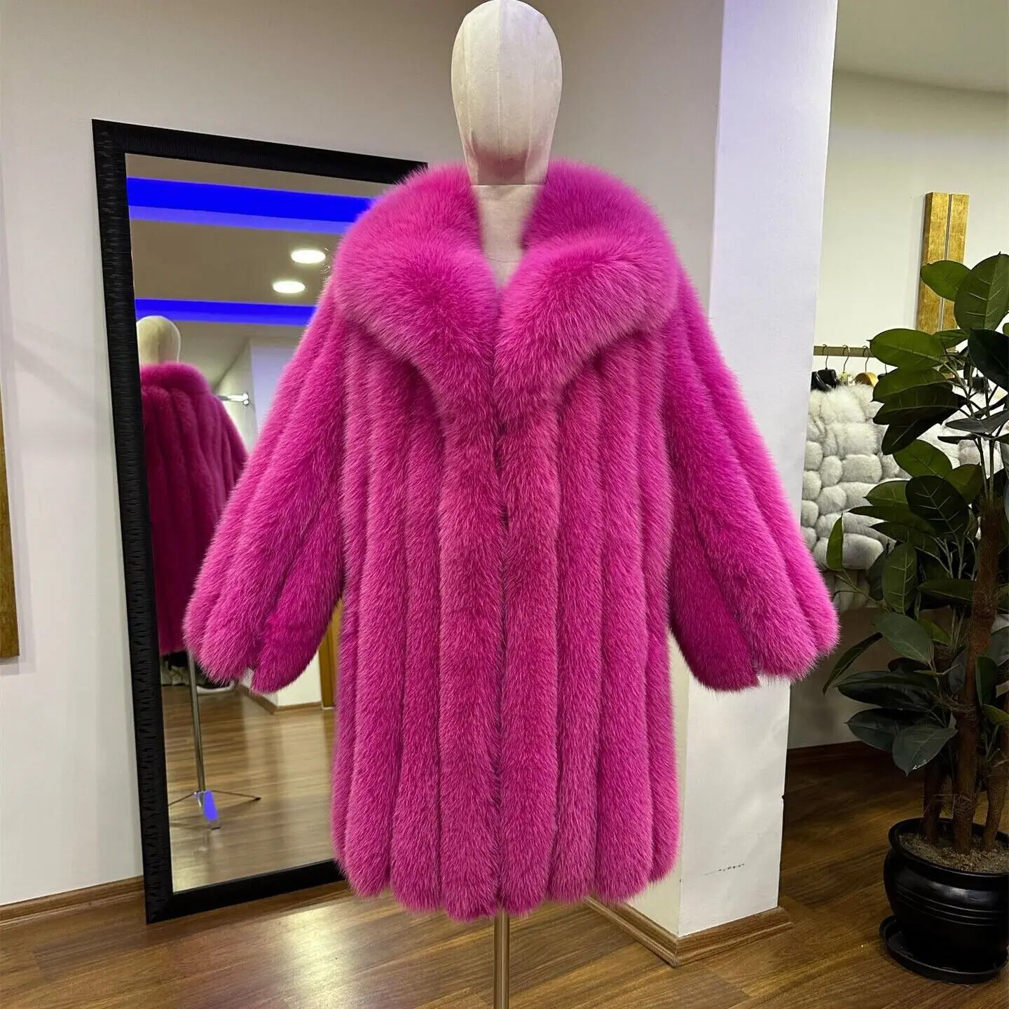 Luxury Women Real Fox Fur Long Coat Fashion Pink Genuine Fur Lapel Overcoat Winter Thick Natural Fox Fur Warm Outwear