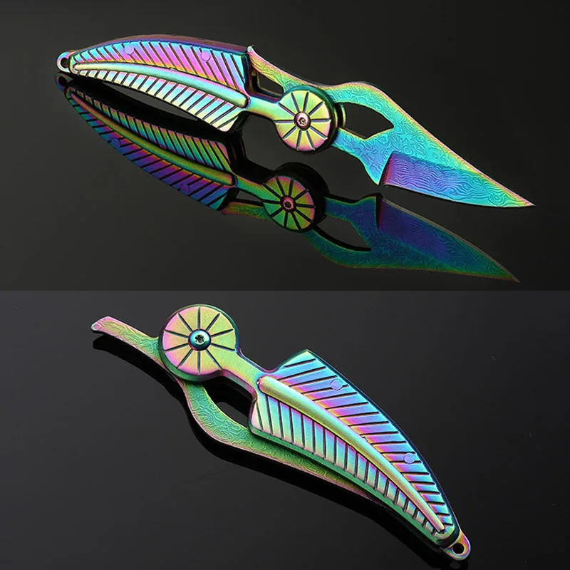 Sharp Knife Damascus Steel Folding Knife Portable Creative Leaf Shape Knife Fade Color Carved  Outdoor Pocket Knife Tactical
