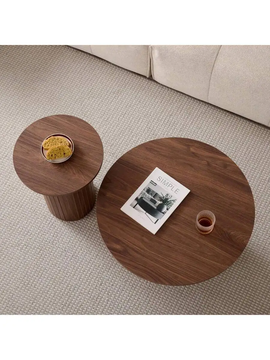 

Round Nesting Coffee Tables Set Of 2, Boho Wood Circle Side Table Fluted Drum, Farmhouse End Table For Living Room Bedroom,