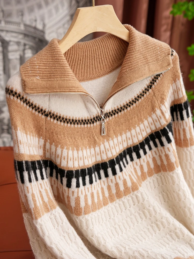 

Nordic Style Knitted Sweater Woolen Half Open Zipper Collar Geometric Pattern Women's Winter Fashion High Neck Long Sleeve