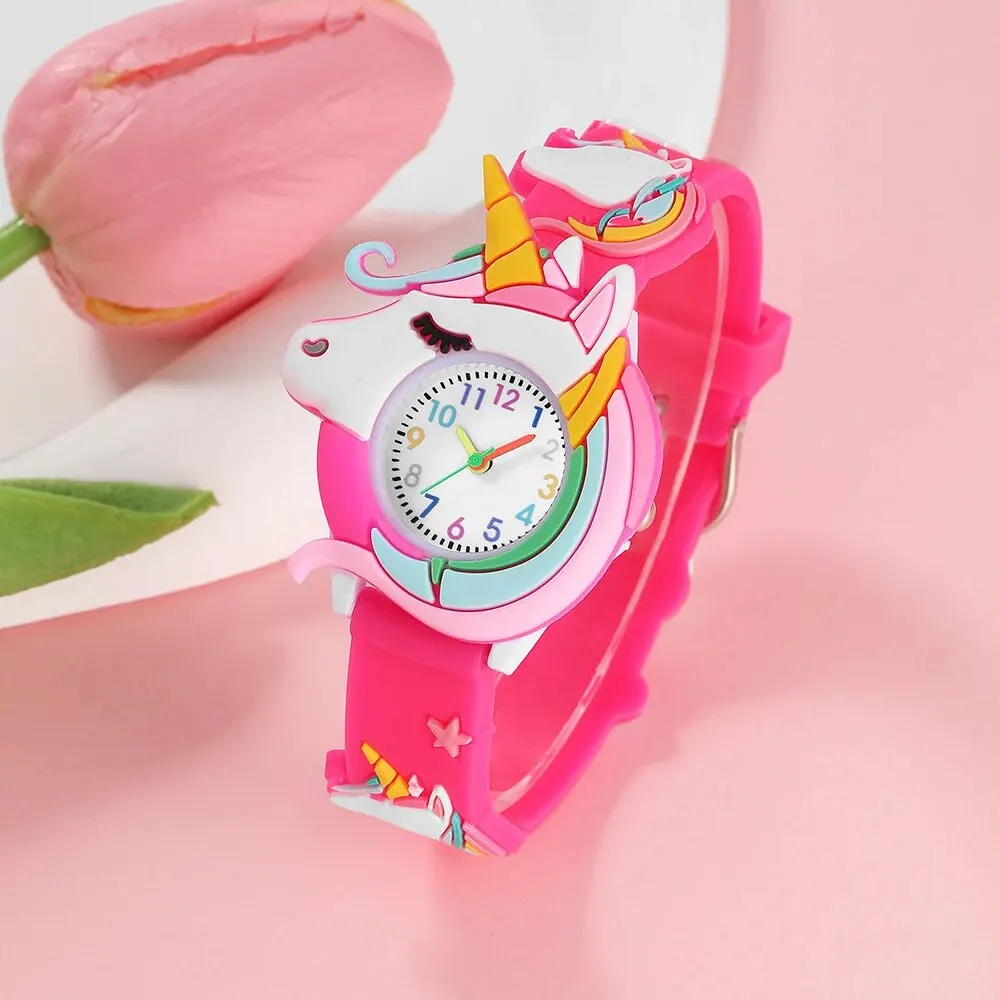 3pcs Girls Unicorn Patter Watch Silica Gel Quartz Wristwatch Jewelry Set Children Colorful Bow Necklace Bracelet Set