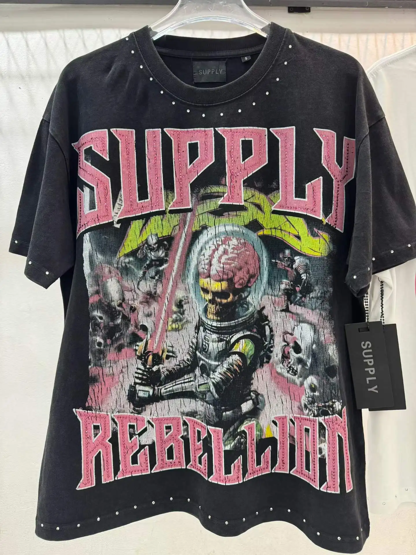 2026 US Trendy "Skull-Wars"" Printed Diamonds Patched Women Men T shirts tees Hiphop Loose Fit Men Cotton T shirt" — купить у AliExpress WW