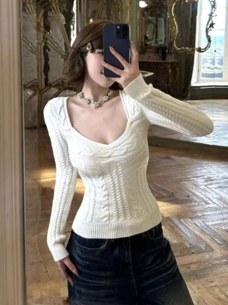 2026 Women Knitted SweaterHarajuku Korean Subculture Gothic Slim Fit Pullover Casual Solid Color Elegant Chic Streetwear Jumpers