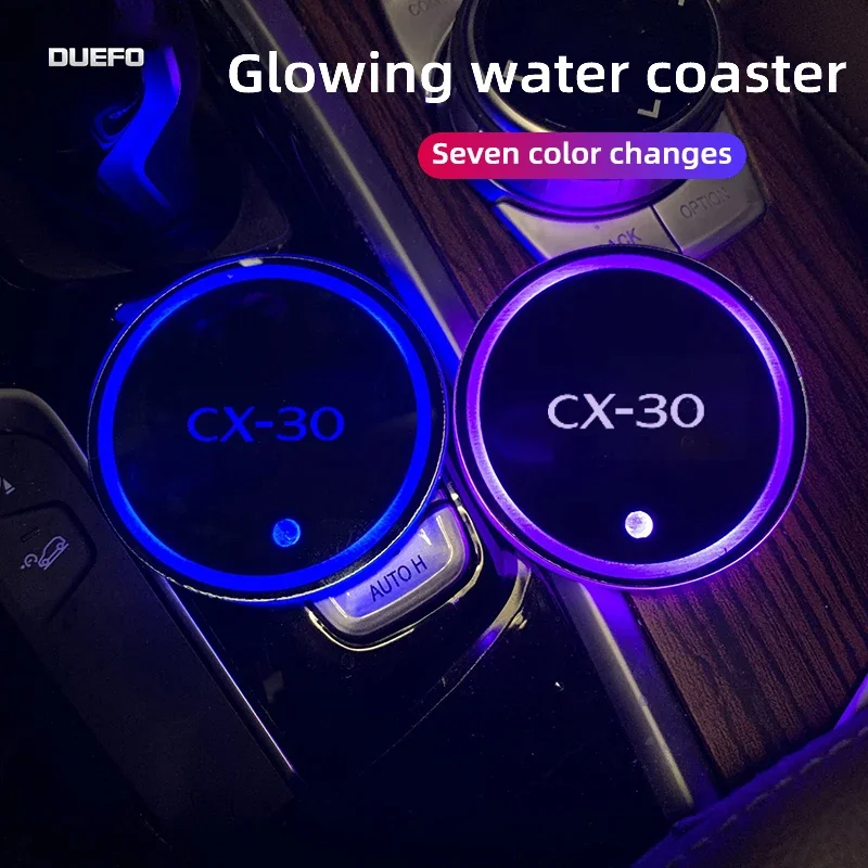 

For Mazda CX-30 Car Luminous Water Cup Coaster 7 Colorful Car Led Atmosphere Light Car logo Cupmat Ambience lights Accessories