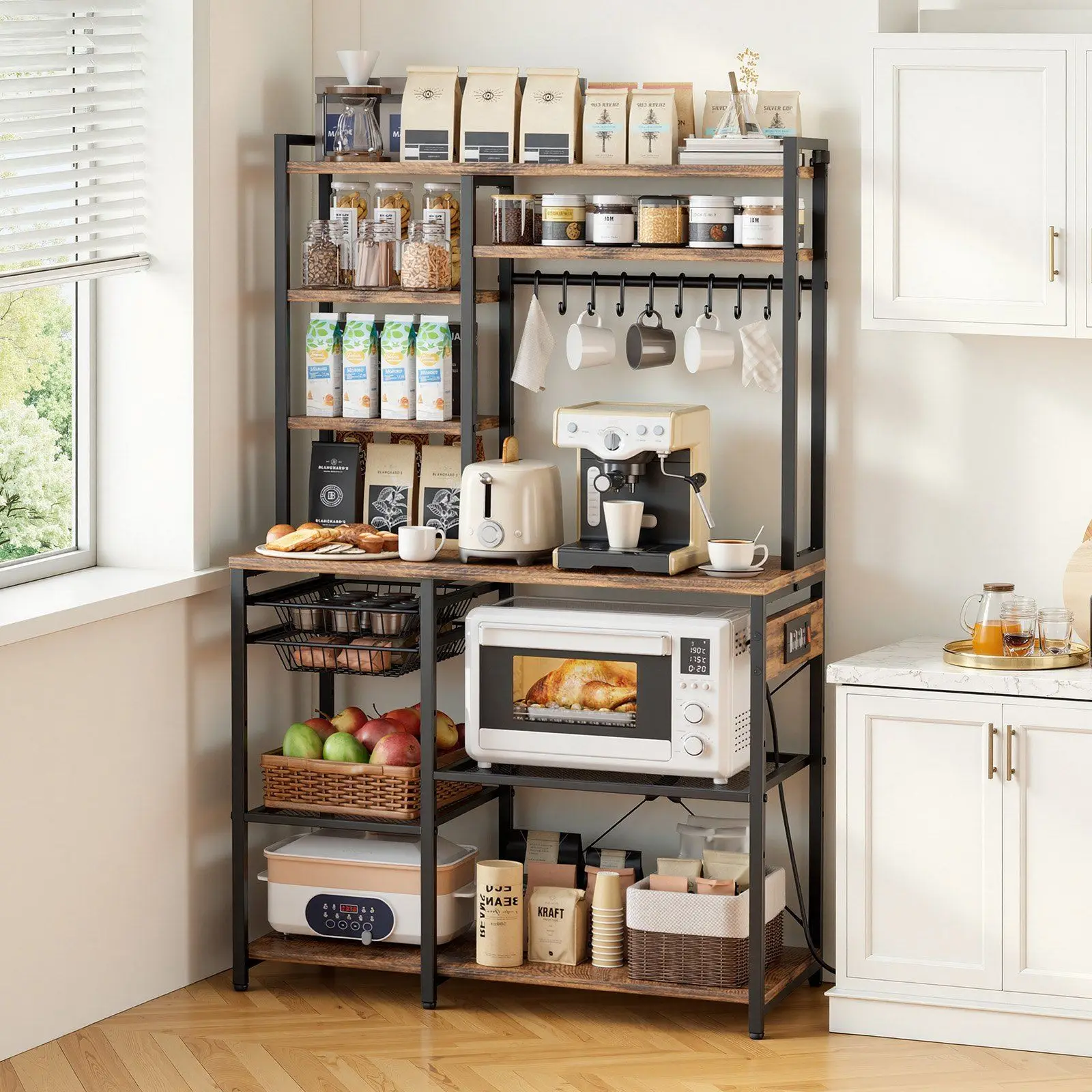 Kitchen Bakers Rack, 5 ft Power Cable Bakers Rack with Power Outlet, Kitchen Stand with X-Shaped Support Bar, 10 S-Shaped Hooks, Coffee Bar Stand for Dishes, Spice Bottles, Built-In Power Strip
