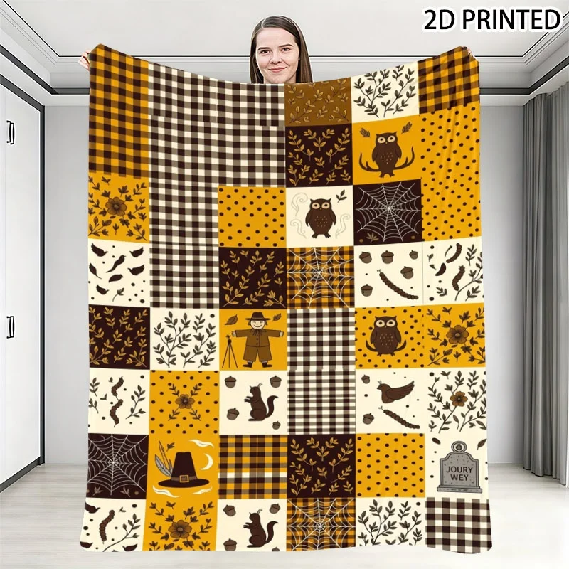Festive Autumn & Halloween Patchwork Throw Blanket - Whimsical Mix of Spider Web, Owl, Fall Harvest Motifs in Warm Yellow Brown