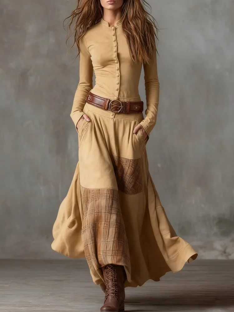 Elegant Suede Plaid Button Long Maxi Dress Woman Sexy Slim A-Line Dress  Vintage Long Sleeve Spring Autumn Dress And Belt - AliExpress 200000345