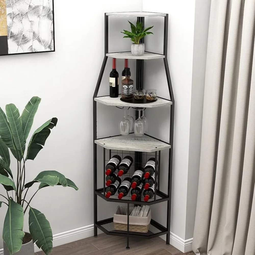 

A 5-story corner wine cabinet with independent metal and wooden corner racks, glass brackets and bottles located in the wine