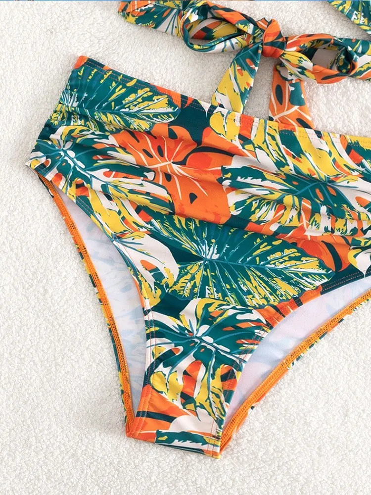 Conjunto de biquíni de cintura alta estampado feminino, roupa de banho push up, maiô de praia, maiô feminino de férias, natação, verão, novo, 2024