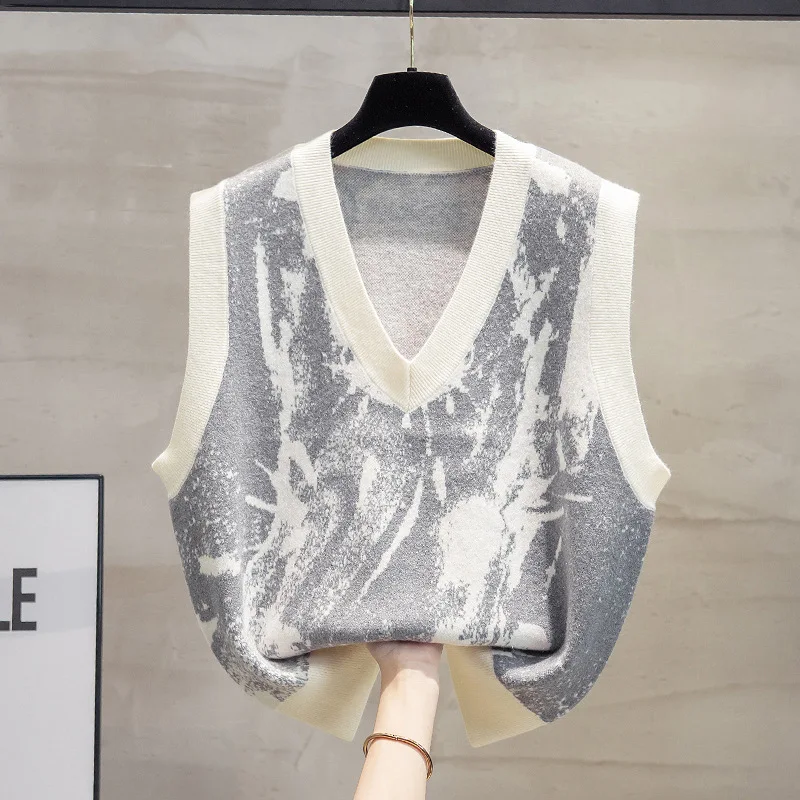 #3916 Tie Dye Sweater Vest Women Loose Sleeveless Knitted Vest Female V-neck Short Vintage Knitwear Vest Femme Outerwear Autumn