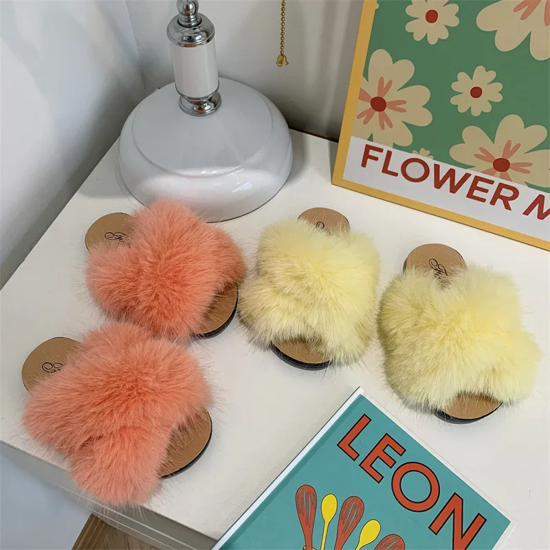 Faux Fur Slippers Children Home Flat Slides Furry Summer Shoes Soft Sole Kids Slippers for Girls Shoes Indoor Flip Flops CSH1420