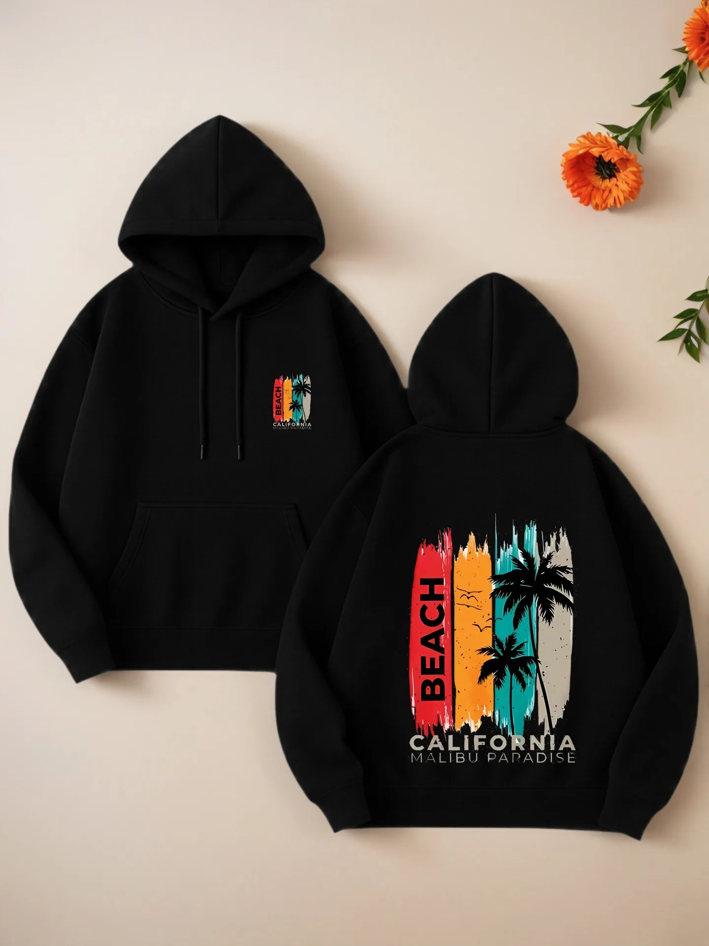 Graphic Hoodie Women, Beach - Palm Tree Print, Casual Aesthetic Design, Soft Fabric, Vacation Outfit, For Young Men