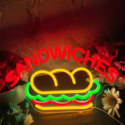 Sandwich Neon Signs LED Neon Light Sign Light Up Neon Signs Wall Decor for Kitchen Restaurant Fast Food Man Cave Party Decor