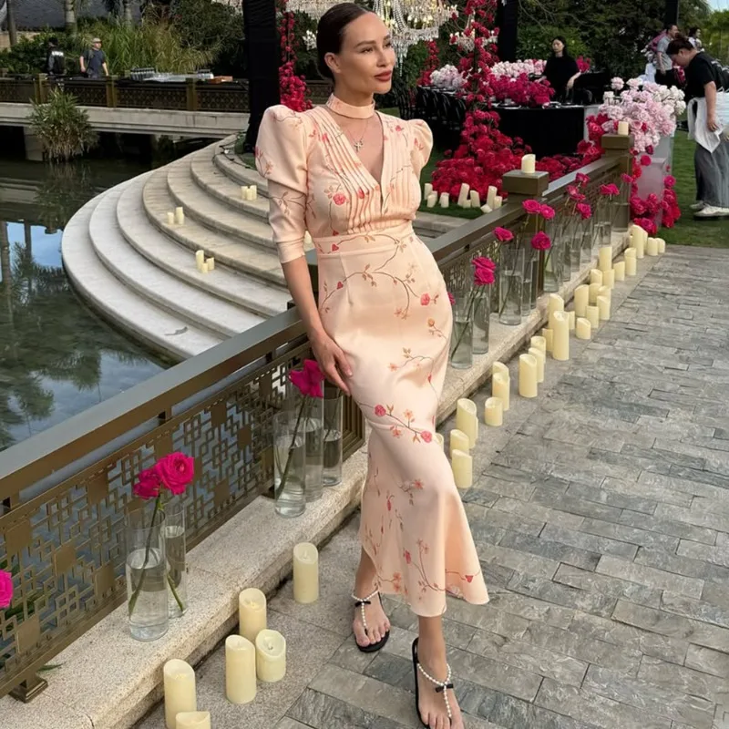 

Ticketsx Sexy Print Pleated Dress Women's V Neck Puff Sleeve High Waist Street Summer Dress Female Elegant Vacation Party Dress