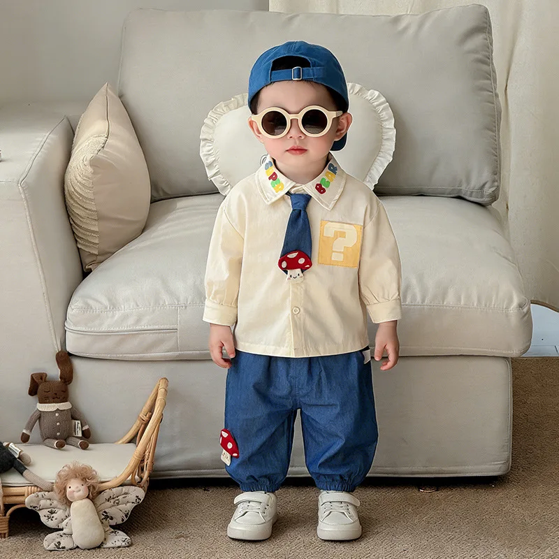 

Summer new cartoon embroidered boys' outfit, baby boy shirt and jeans two-piece set, versatile clothing for toddlers and young c
