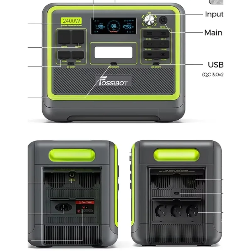 2400W Rechargeable Solar Power Station, High Density Lithium Battery, Portable Mobile Energy Device for Outdoor Camping