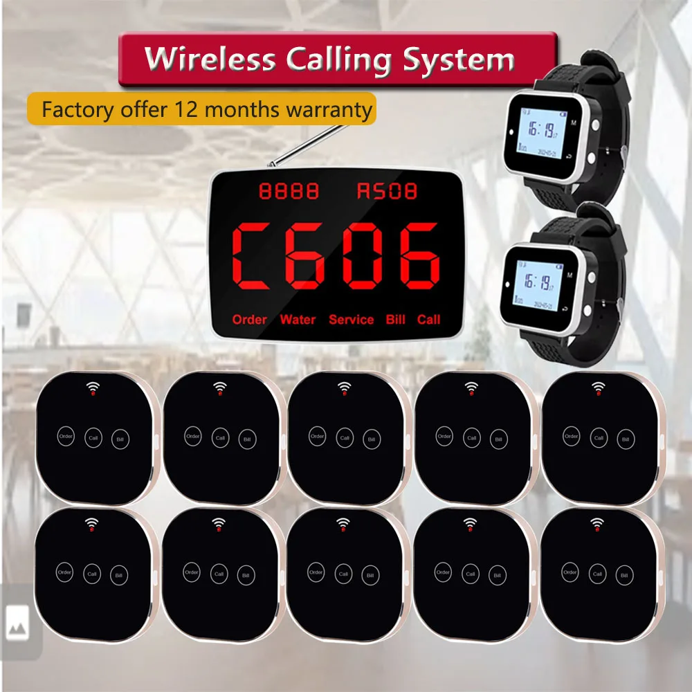 QWICALL 10 Touchable Rechargeable Calling Buttons 2 Watch Pager Receiver 1 Screen Host Wireless Calling System for Restaurant