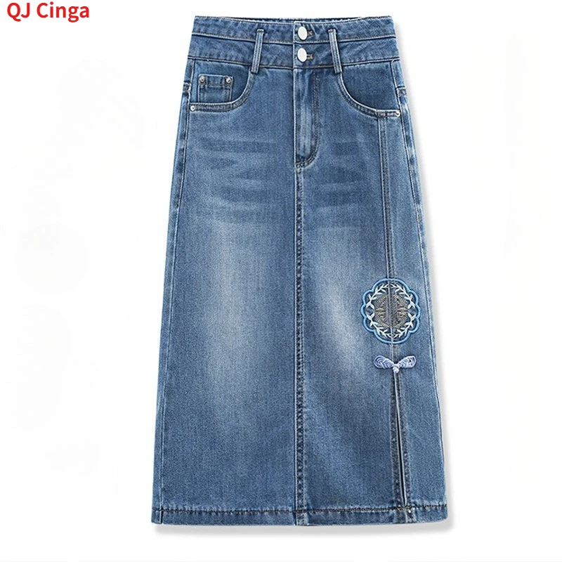 Women's Embroidered Skirts for Summer and Fall, Blue Denim Skirt, Asian Sizes S–XXXL. 2026-2027