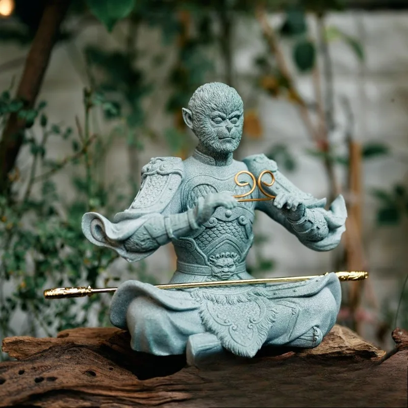 Traditional Chinese style green sandstone Great Sage Wukong tea pet desktop ornament, fish tank, rockery, micro-landscape