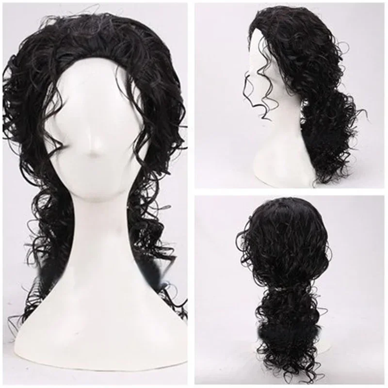 2026 Michael Jackson Cosplay Black Wig Michael Role Play Medium Long Curly Black Hair Pigtail Wig Halloween Cos Wigs