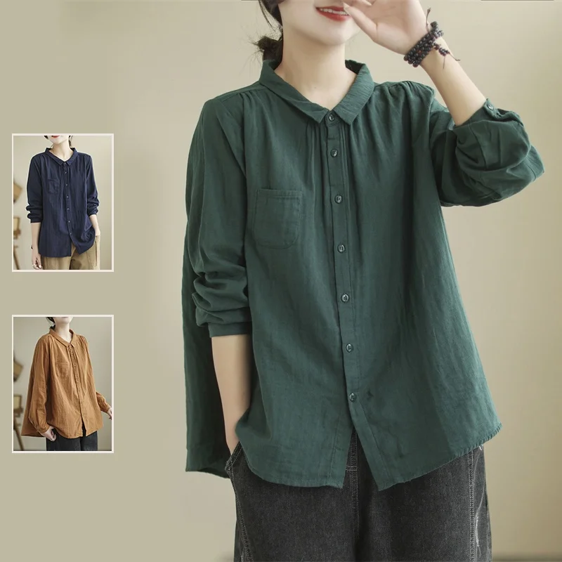 

Artistic Pure Color Double Layer Cotton Long Sve Casual irt Autumn plus Size Women's Faion Collar Single ket B...