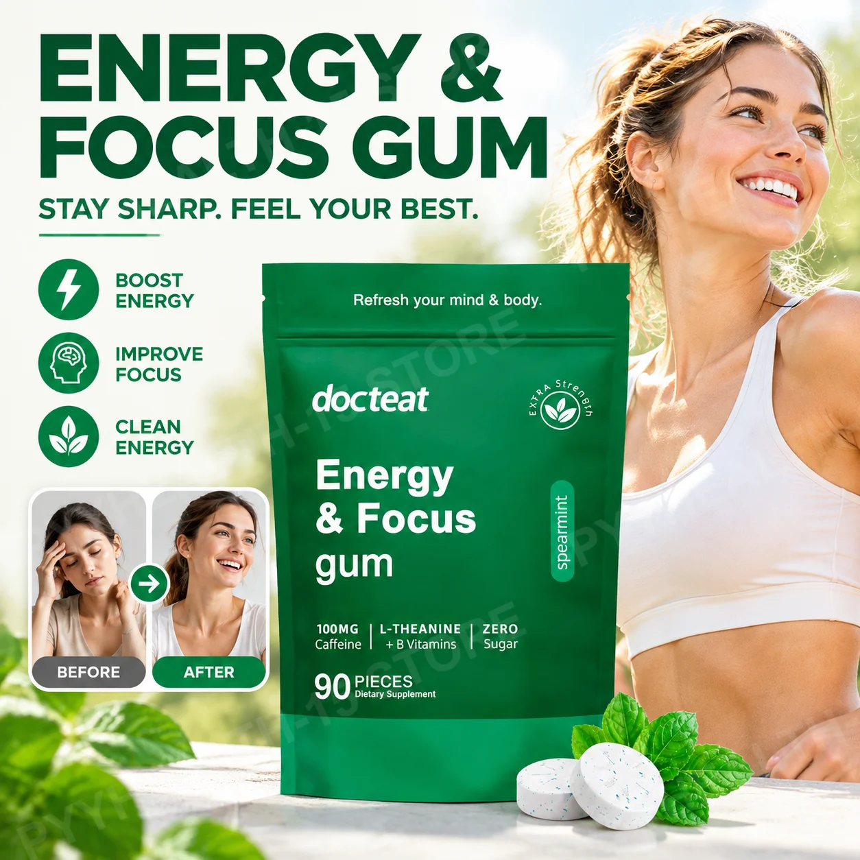 Energy & Focus Gum Extra Chewable Tablets with Natural Caffeine, L-Theanine, Vitamin B6 and B12, Sugar Free, 90 Pieces