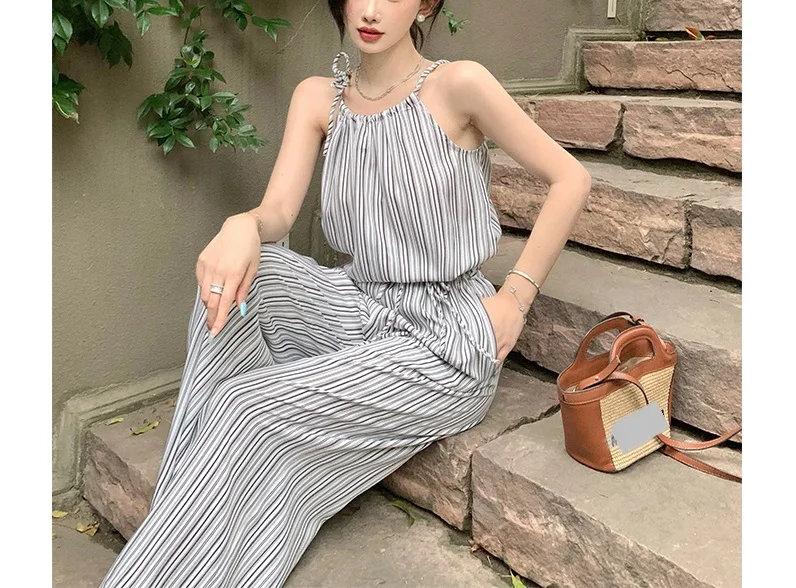 Striped neck vest+wide leg pants set for women's Instagram style Korean fashion two-piece set