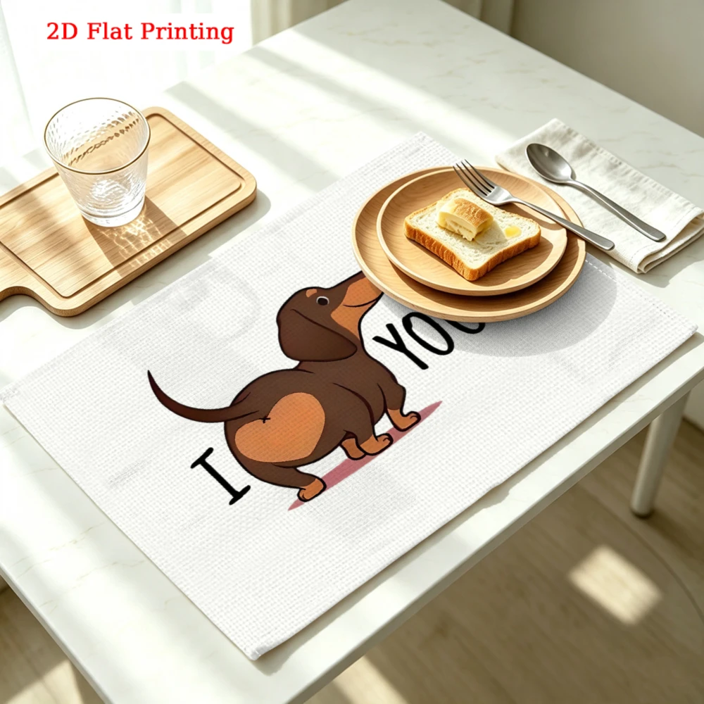 2Pcs Cartoon Dachshund I Love You Placemat White Dog Print Table Mat Kitchen Dining Decor Non Slip Heat Resistant 30X40Cm