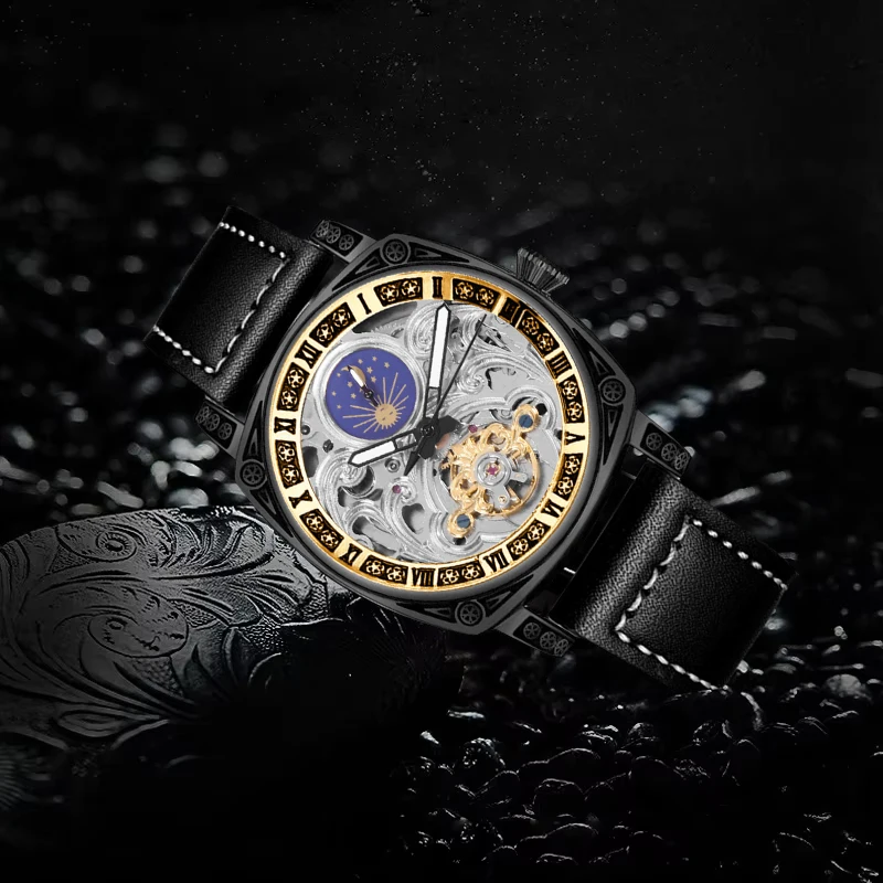 

A men's black leather strap vintage casual sculpted design flywheel automatic mechanical watch
