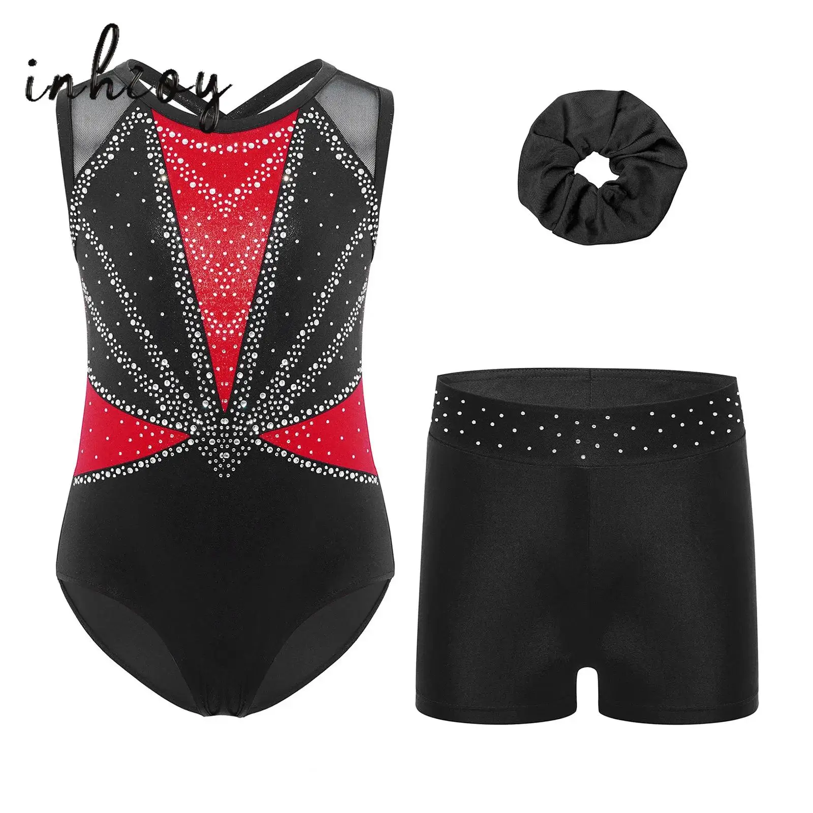

Kids Girls Ballet Dance Gymnastics Bodysuit Sleeveless Crisscross Back Rhinestones Color Block Metallic Leotard+Shorts+Hairband