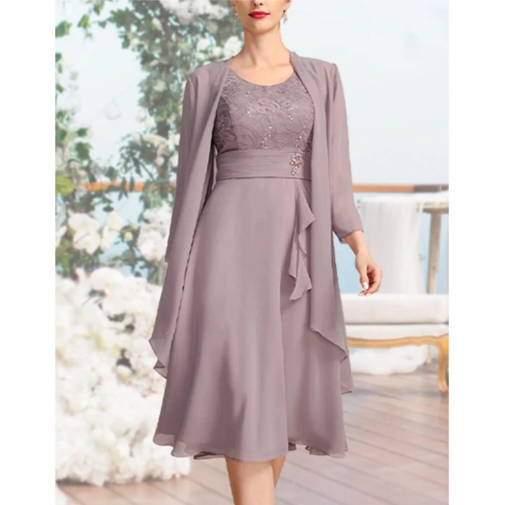 

Mother of The Bride Dresses for Wedding 2 Piece Chiffon Lace Formal Evening Gowns Long Sleeves Wedding Guest Dress with Jacket