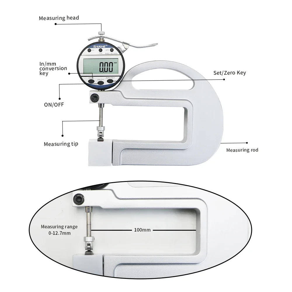 SHAHE 0-10mm 0.01mm Digital thickness gauge with roller insert Electronic thickness gauge