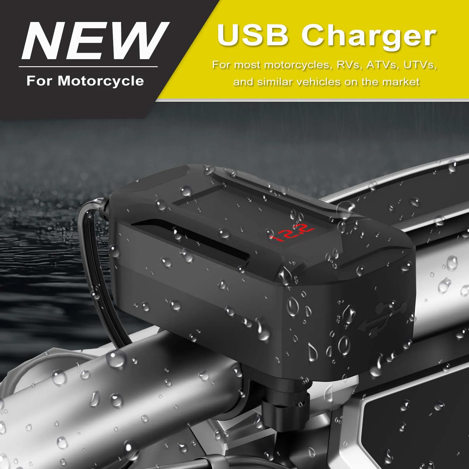 12V Motorcycle USB Socket Type-C Retractable Charger Power Adapter Dual Port PD+QC3.0 with Switch Waterproof Digital Voltmeter
