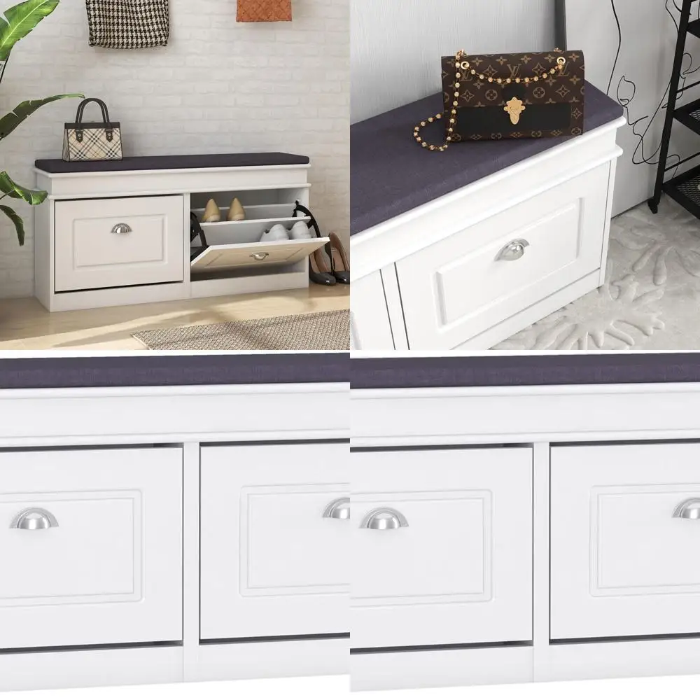 

White Padded Seat Shoe Storage Bench with 2 Drawers for Hallway & Mudroom