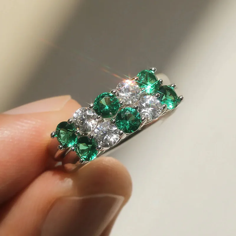 Light Luxury Female Rings 925 Sterling Silver Green Crystal Zirconia Women's Ring Fashion Single Row Zirconwedding Jewelry Gift