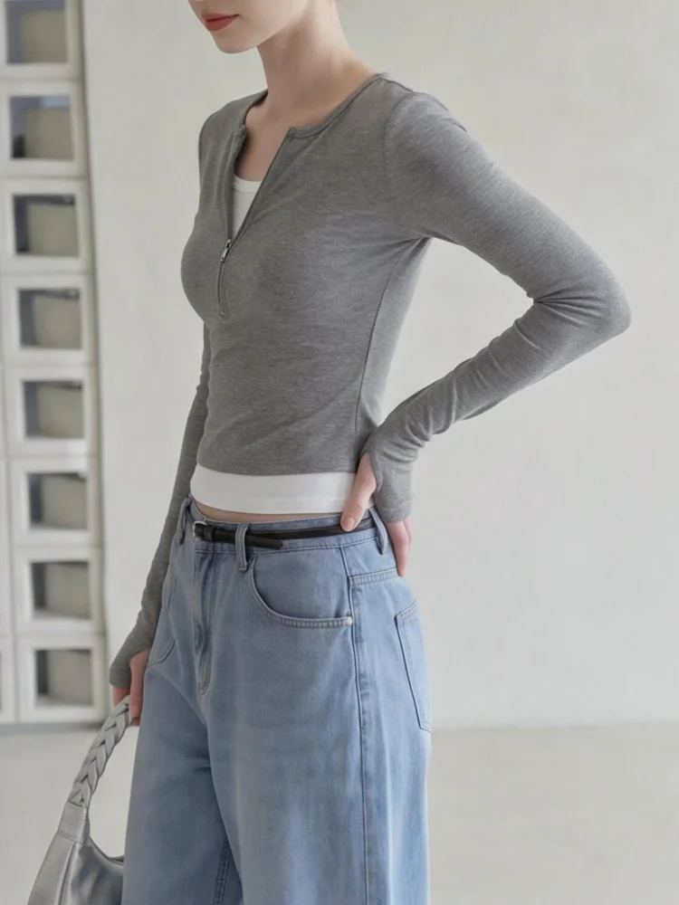 Y2K Kleidung Damen T-Shirt Neues Fake-Zweiteiler-Design mit Reißverschluss Pullover Slim Fit Langarm T-Shirt Herbst Winter 2000er Jahre Tee Top – Detail 7