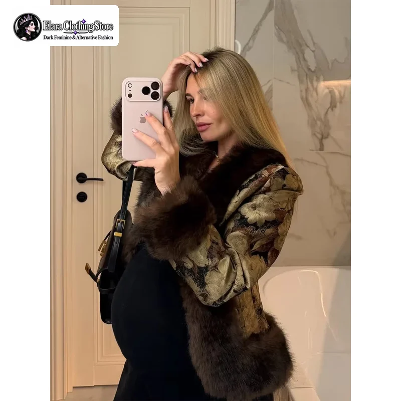 Elara Classic Y2k Style Retro Trendy Fur Neck Thick Coat Autumn/Winter Women's Flower Jacquard Artificial Fur Edge Jacket